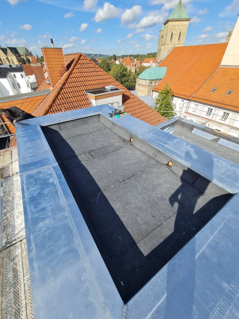 Eine Person arbeitet auf einem flachen Dach in einer historischen Stadtlandschaft bei sonnigem Wetter.